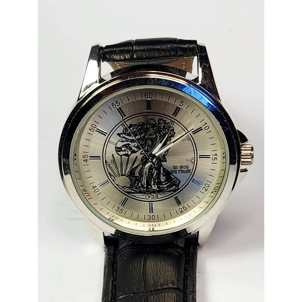 Vintage New American Eagle Lady Liberty Watch Black Leather Band New Battery